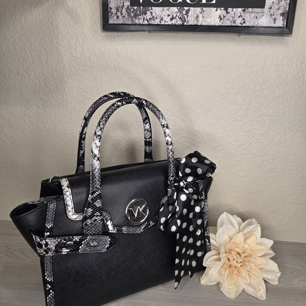 Michael kors Black Satchel with Black and white snake trim. NWOT.